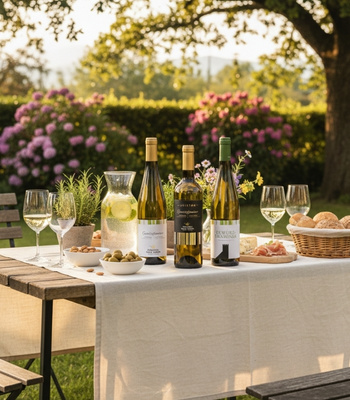 verschiedene Gewürztraminer Wein Flaschen auf Tisch